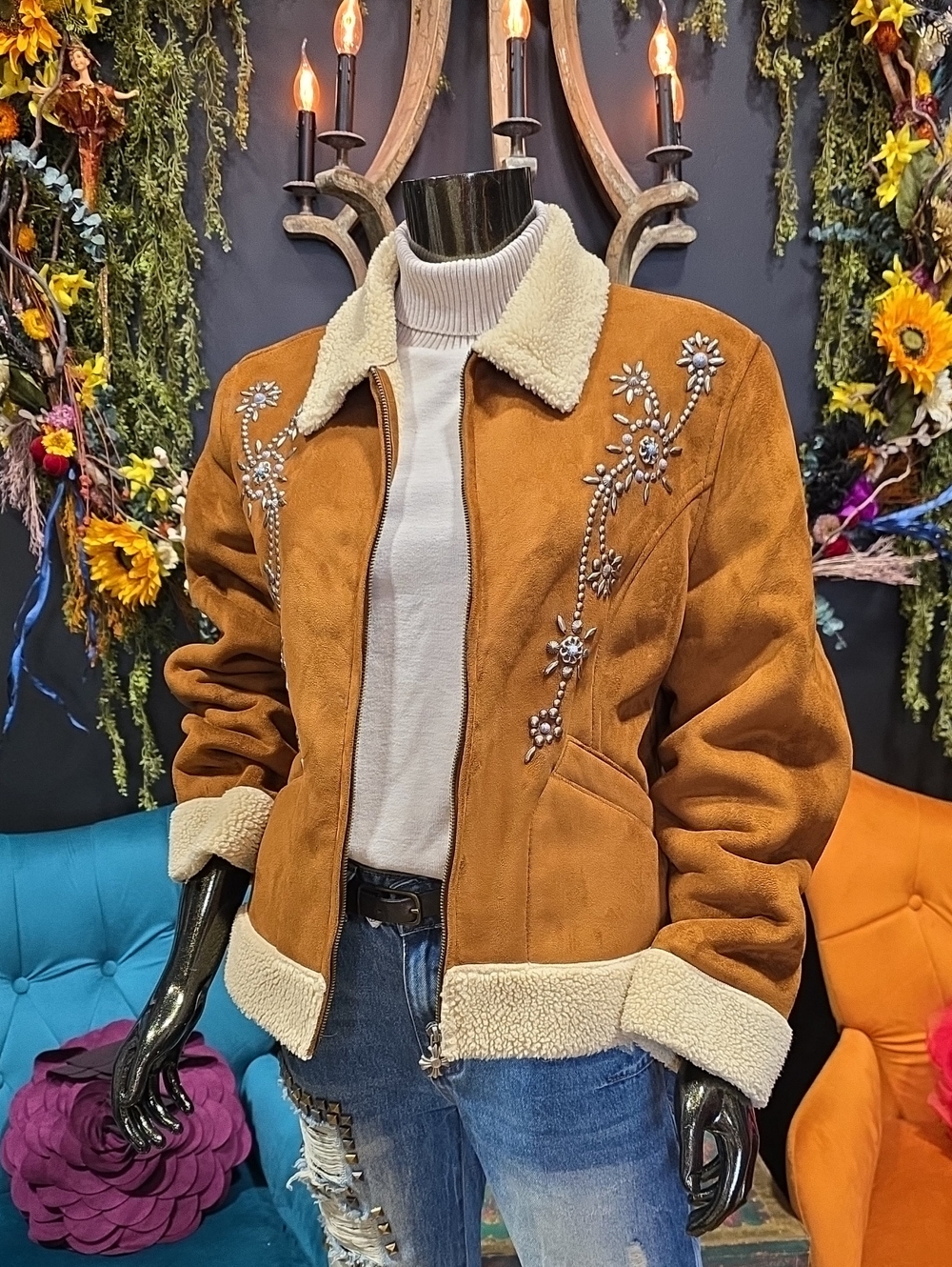 Cripple Creek Faux Suede Beaded Brown & Cream Teddy Jacket